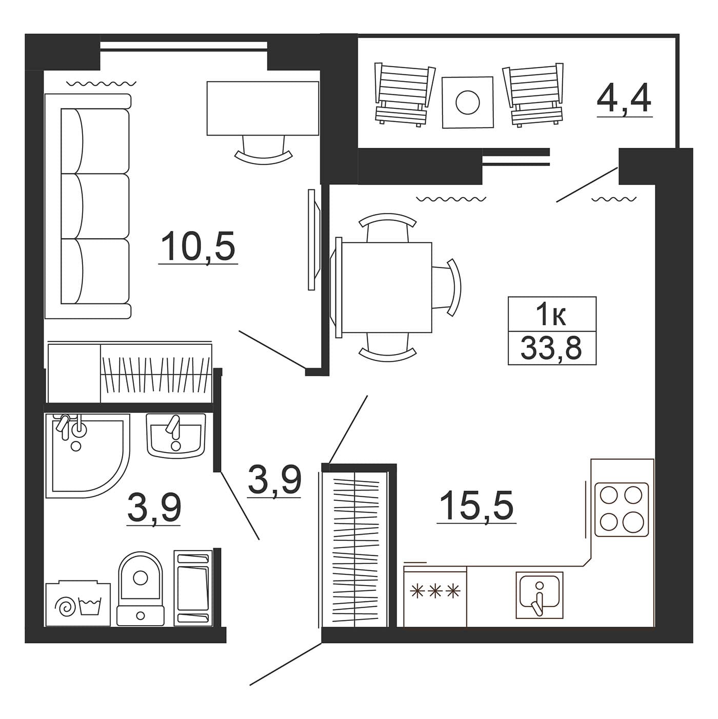 Планировка: Евродвушка 33,8 м² в ЖК «Рубеж»