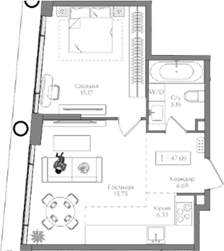 Планировка: Евродвушка 47,1 м² в ЖК «Преображенская площадь»