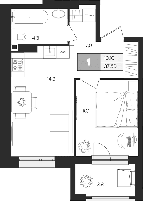 Планировка: 1-комнатная квартира 35,7 м² в ЖК «Ласточкино»