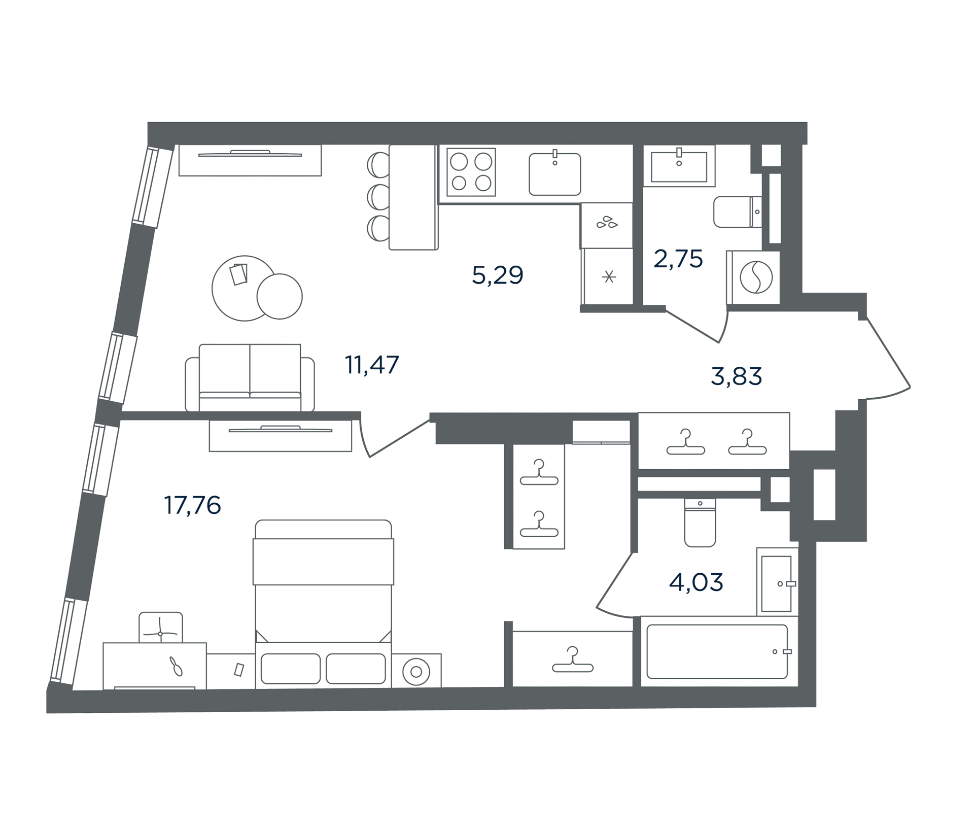 Планировка: Евродвушка 45,1 м² в ЖК «Сикрет Гарден»