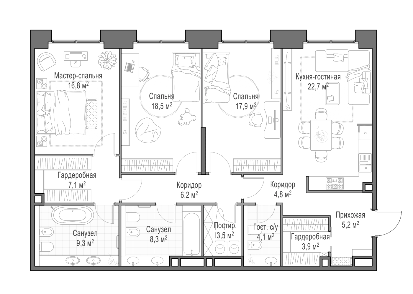 Планировка: Квартира евро-4 129,2 м² в ЖК «Квартал Life Time»