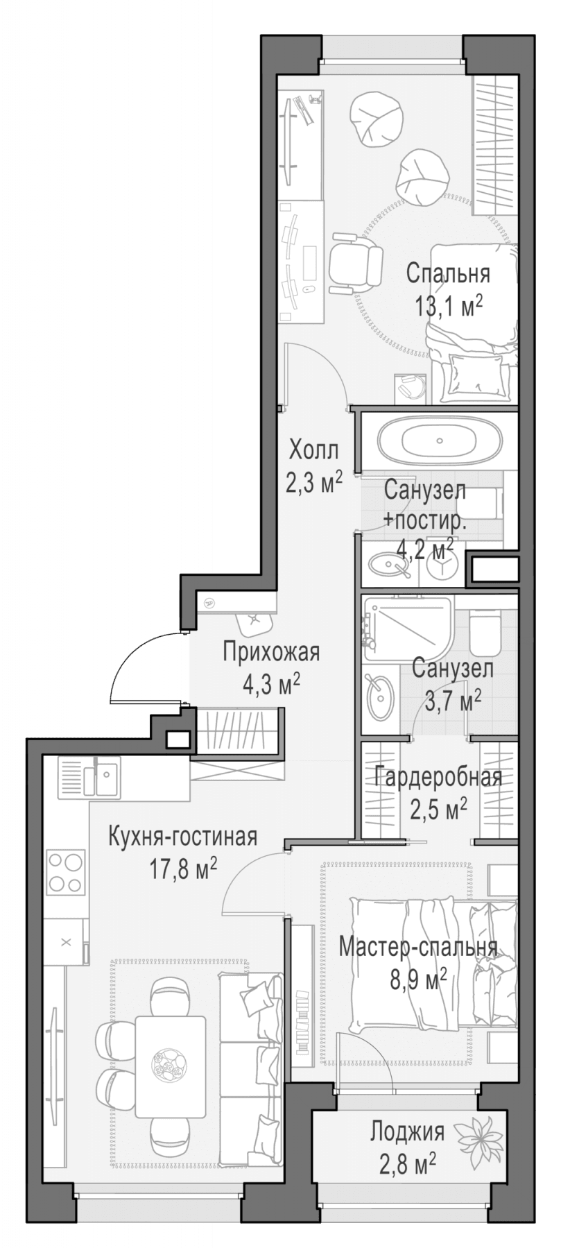 Планировка: Евротрёшка 57,1 м² в ЖК «Белый Град»