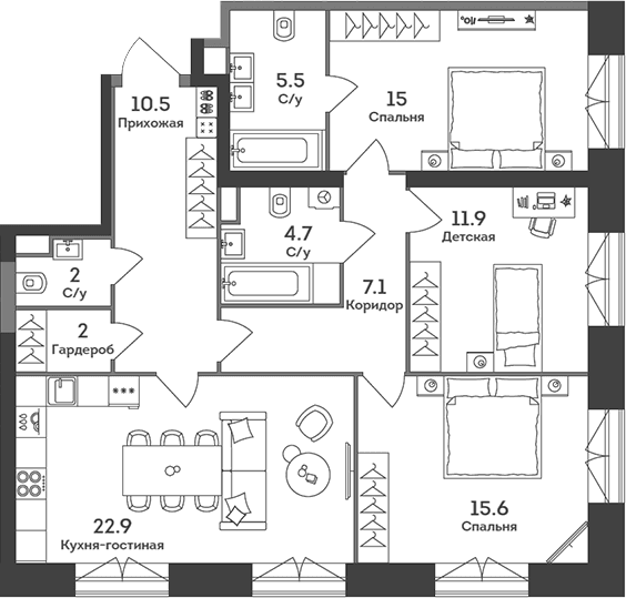 Планировка: Квартира евро-4 97,2 м² в ЖК «ЭРА»