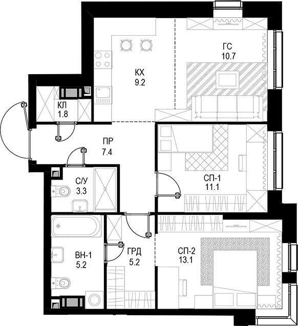 Планировка: Евротрёшка 67 м² в ЖК Трилогия «Кристалл»