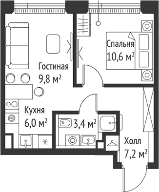 Планировка: Евродвушка 37 м² в ЖК «СЕТ»