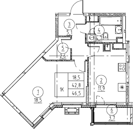 Планировка: 1-комнатная квартира 42,8 м² в ЖК «Крылов»