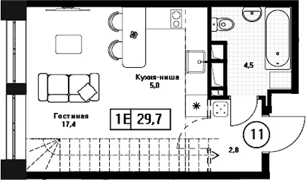 Планировка: Студия 29,7 м² в ЖК «Пушкино Град»