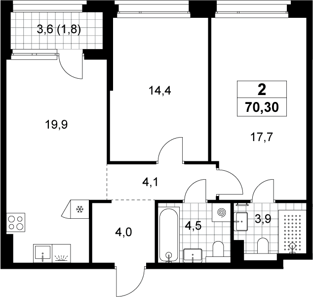 Планировка: Евротрёшка 68,5 м² в ЖК «Хольм»