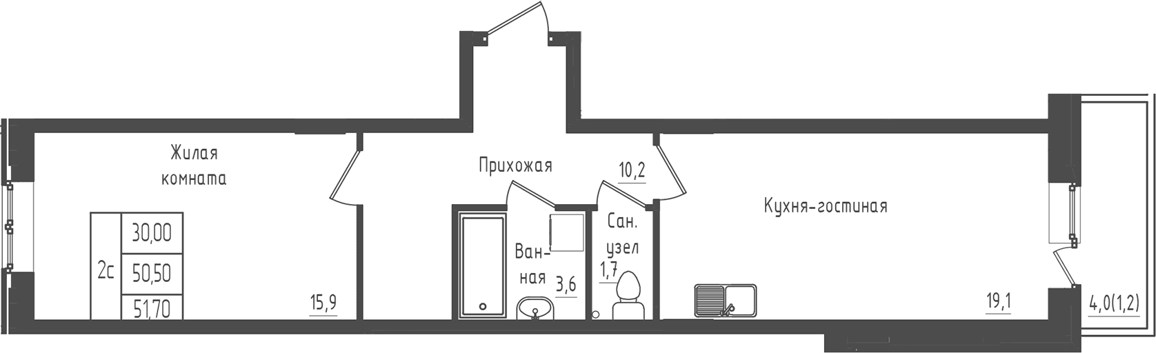 Планировка: 1-комнатная квартира 50,5 м² в ЖК «Зеленый город»