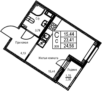 Планировка: Студия 23,4 м² в ЖК «ID Kudrovo II»