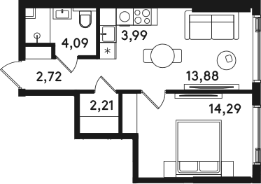Планировка: Евродвушка 41,2 м² в ЖК «СОЛОС»