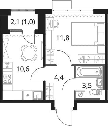 Планировка: 1-комнатная квартира 30,3 м² в ЖК «1-й Шереметьевский»