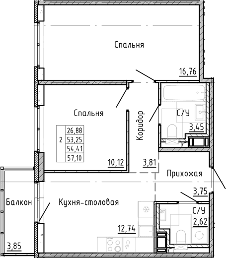 Планировка: 2-комнатная квартира 50,6 м² в ЖК «ОКЛА»