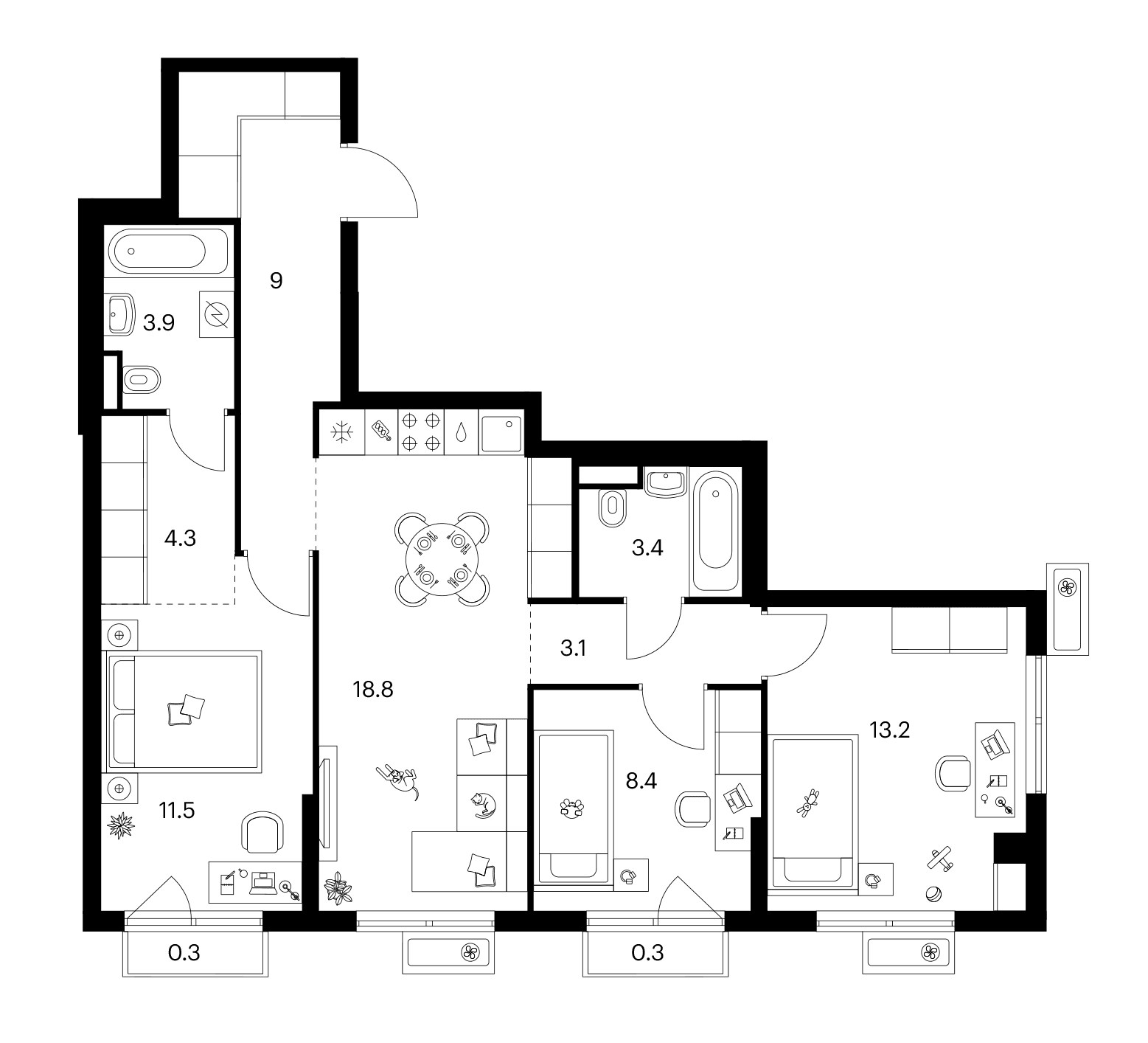 Планировка: 3-комнатная квартира 75,6 м² в ЖК «Ярославский»