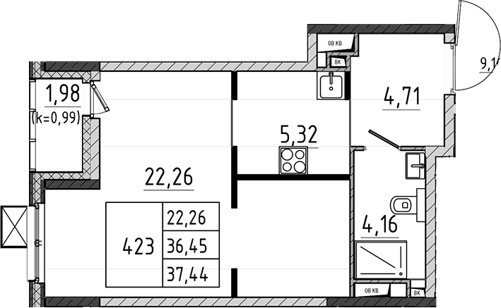 Планировка: Студия 36,5 м² в ЖК «Поварово-Молодежный-2»