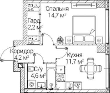 Планировка: 1-комнатная квартира 37,5 м² в ЖК «СЕЗАР БУДУЩЕЕ»