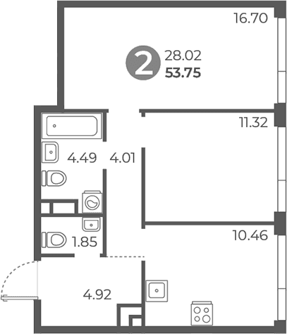 Планировка: 2-комнатная квартира 53,8 м² в ЖК «Нижегородская от Гранель»