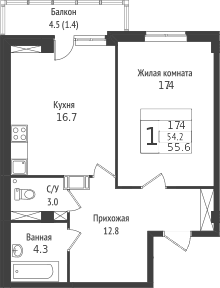 Планировка: Евродвушка 57,8 м² в ЖК «Южная звезда»