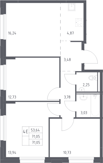 Планировка: Квартира евро-4 71,1 м² в ЖК «Прибрежный Парк»