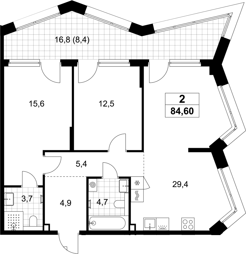 Планировка: Евротрёшка 76,2 м² в ЖК «Хольм»