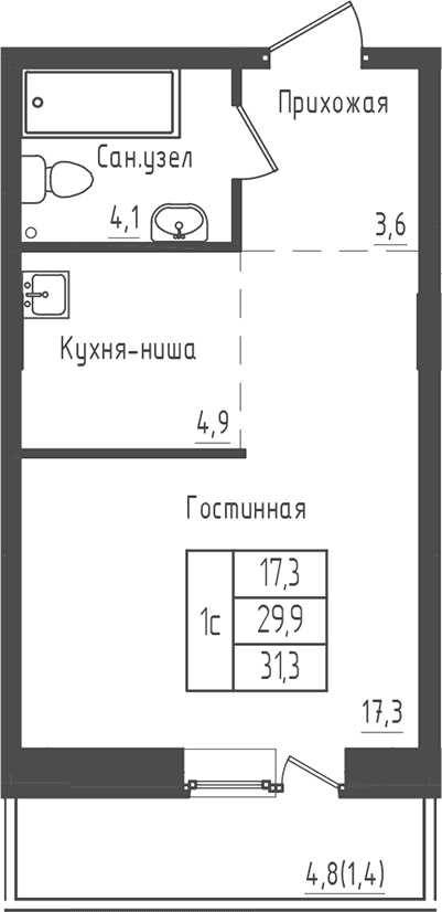Планировка: Студия 29,9 м² в ЖК «Зеленый город»