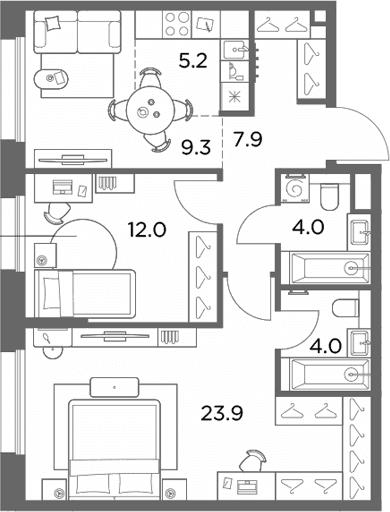 Планировка: Евротрёшка 66,3 м² в ЖК «Станиславский»