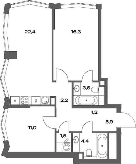 Планировка: Евротрёшка 68,5 м² в ЖК «Акценты»