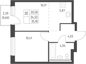Планировка: Евродвушка 34,5 м² в ЖК «Горки Парк»