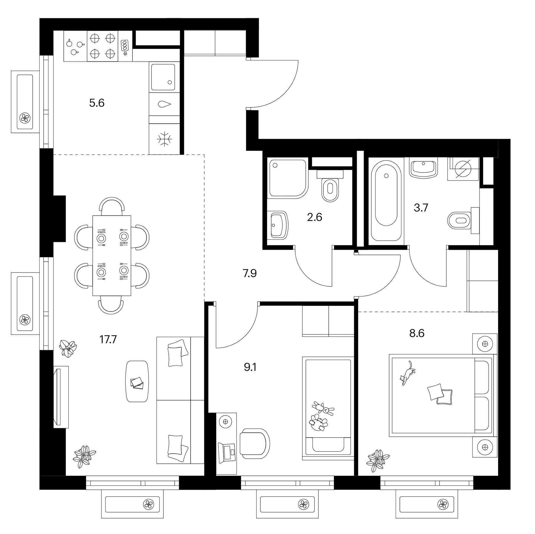 Планировка: Евротрёшка 58,5 м² в ЖК «Белая Дача парк»