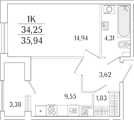 Планировка: 1-комнатная квартира 34,3 м² в ЖК «Гранат»