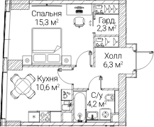 Планировка: 1-комнатная квартира 38,5 м² в ЖК «СЕЗАР БУДУЩЕЕ»