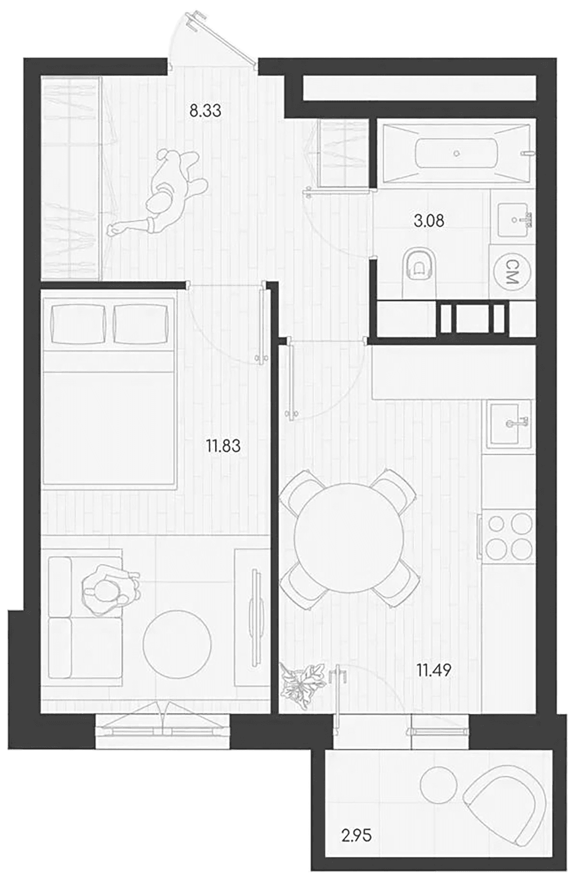 Планировка: 1-комнатная квартира 35,5 м² в ЖК «Дубровка.Парк»