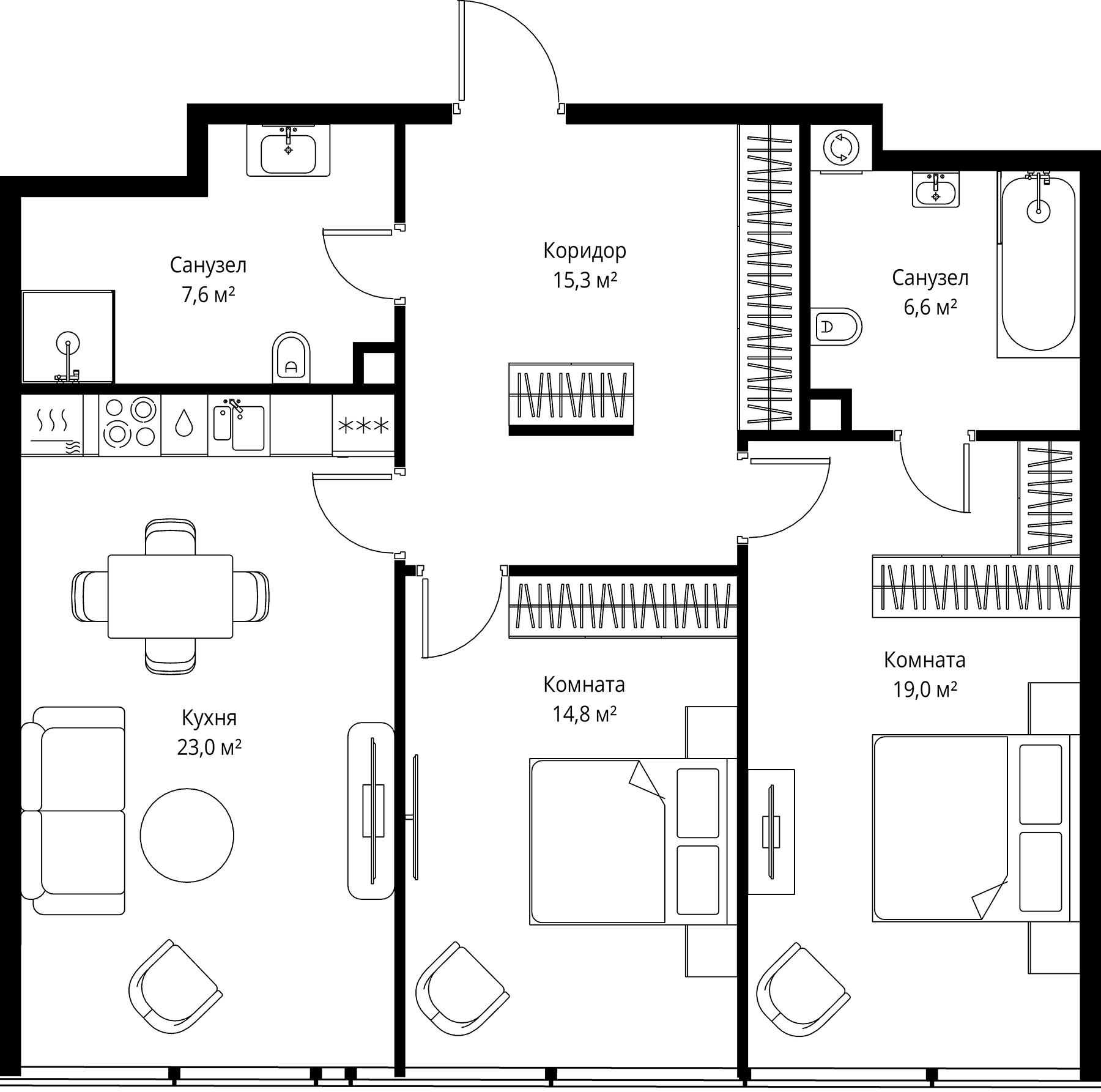 Планировка: Евротрёшка 86,3 м² в ЖК «ОНЕ»