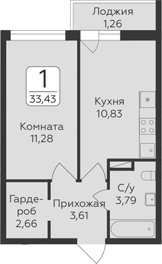 Планировка: 1-комнатная квартира 32,2 м² в ЖК «Панорама Юкки. ГК Развитие. Санкт-Петербург»
