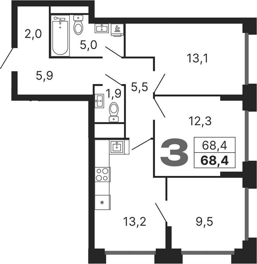 3-комнатная квартира