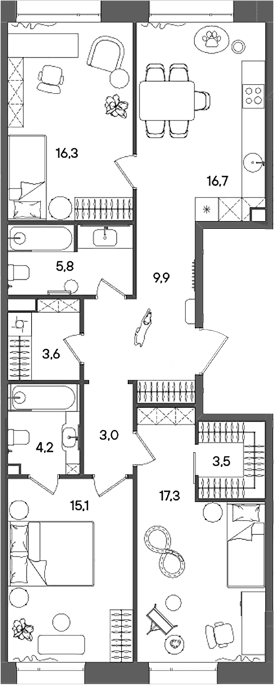 Планировка: Квартира евро-4 95,4 м² в ЖК «СТОУН Райз»