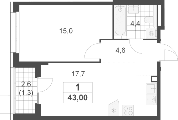 Планировка: Евродвушка 41,7 м² в ЖК «Скандинавия»