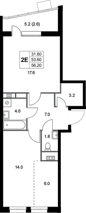 Планировка: Евродвушка 53,6 м² в ЖК «Легенда Коренево»