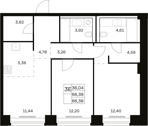 Планировка: Евротрёшка 66,4 м² в ЖК «НОВА»