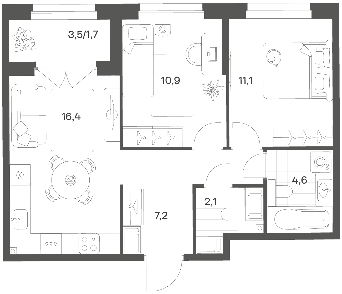 Планировка: Евротрёшка 50,8 м² в ЖК «Речной Квартал»