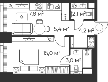 Планировка: Евродвушка 37,5 м² в ЖК «Веер»