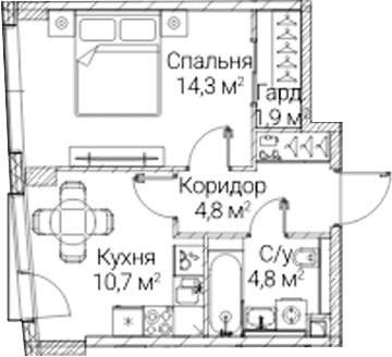 Планировка: 1-комнатная квартира 36,5 м² в ЖК «СЕЗАР БУДУЩЕЕ»