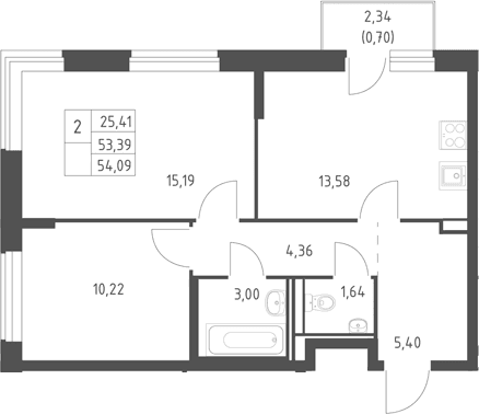 Планировка: 2-комнатная квартира 53,4 м² в ЖК «Горки Парк»