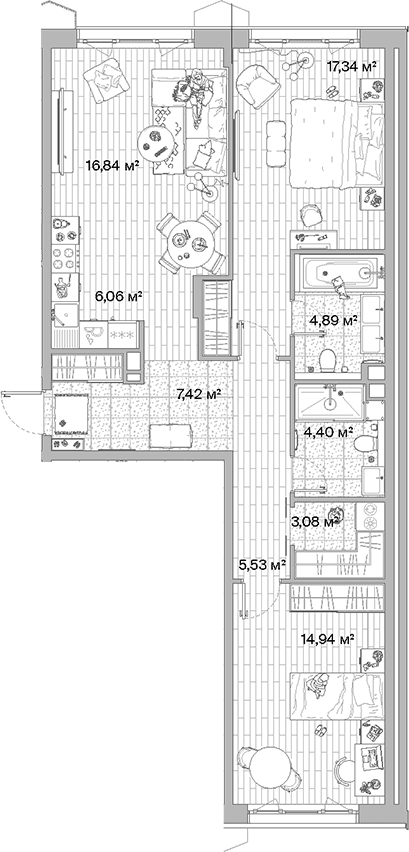Планировка: Евротрёшка 80,5 м² в ЖК «МЫС»