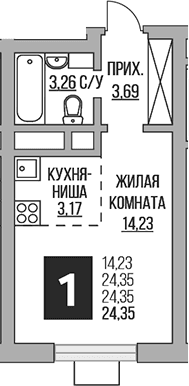 Планировка: Студия 24,4 м² в ЖК «Гранель Ильинойс»