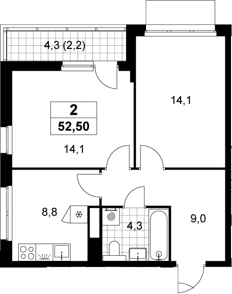 Планировка: 2-комнатная квартира 50,3 м² в ЖК «Деснаречье»