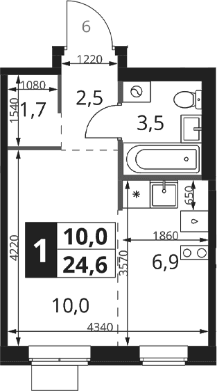 Планировка: Студия 24,6 м² в ЖК «1-й Ясеневский»