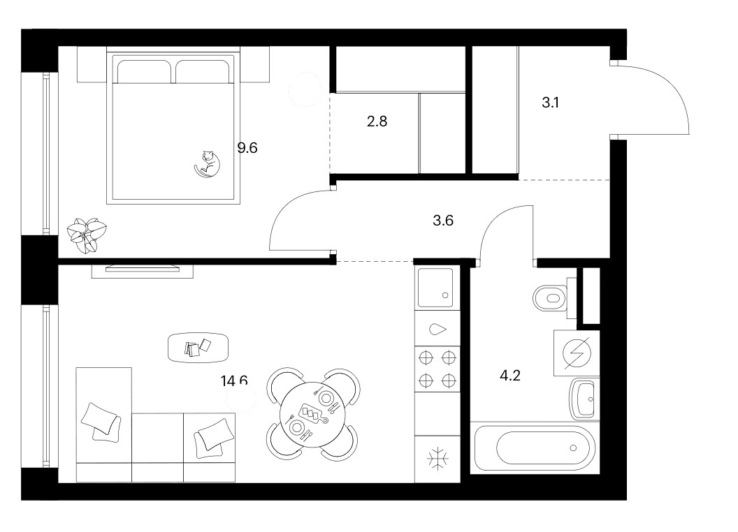 Планировка: 1-комнатная квартира 37,9 м² в ЖК «Москворечье»