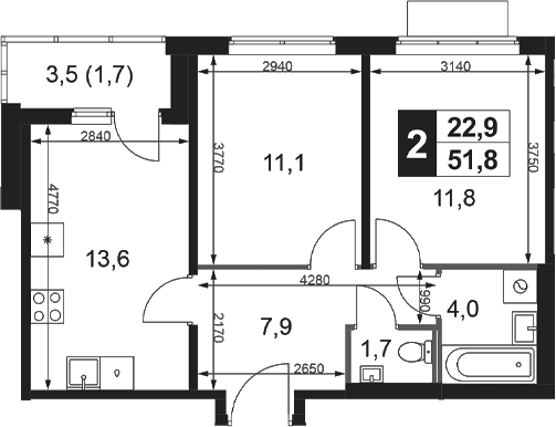 Планировка: 2-комнатная квартира 50,1 м² в ЖК «1-й Ясеневский»