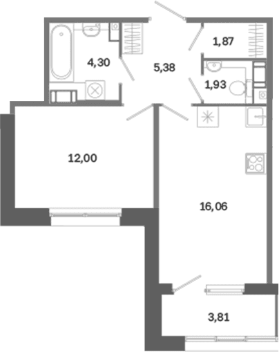 Планировка: Евродвушка 41,5 м² в ЖК «Дом на Курской»
